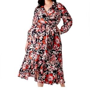 Lane Bryant Maxi Dress Faux Wrap  Black Pink Floral Satin Women’s Size 18 EUC